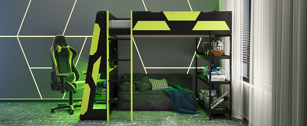 English Elm Full Size Gaming Loft Bed with Led Lighting Desk Shelves and Usb Charging Ports N820S00076F