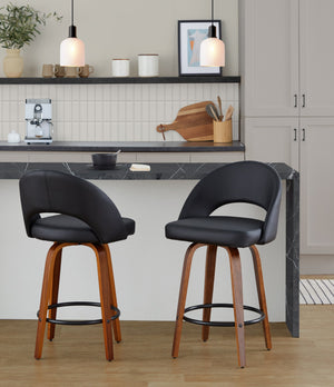 English Elm Fixed-height Swivel Counterstools Faux Leather Padded Seat Chrome Footrest Set of 2 Black B202S01844