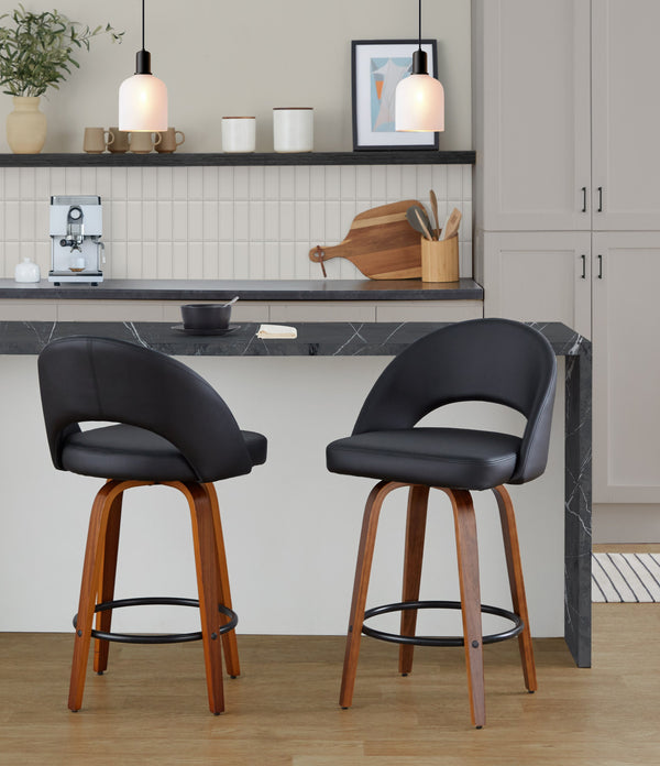English Elm Fixed-height Swivel Counterstools Faux Leather Padded Seat Chrome Footrest Set of 2 Black B202S01844