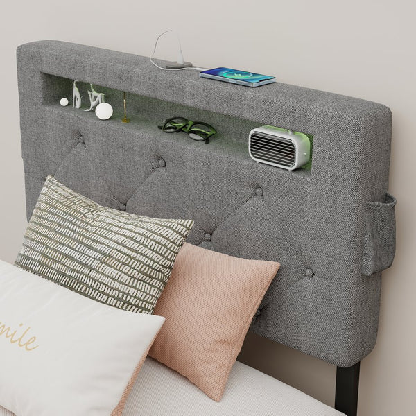 English Elm Twin Upholstered Bed Frame with Headboard, 4 Storage Drawers, USB Ports, RGB LED Mood Lighting W1960P175563