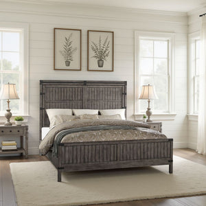 English Elm Storehouse King Bed Hardwood Frame with Iron Rivets and Smoked Grey Plank Headboard B108S00050