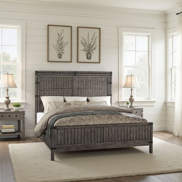 English Elm Storehouse Queen Bed Smoked Grey Wood Grain Plank Headboard with Iron Rivet Detail B108S00051