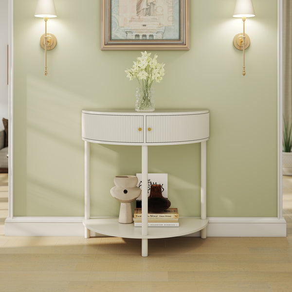 English Elm Artisan-crafted Demi-lune Console Sculptural Wave Drawers Vanilla Lacquer Hallway Accent Cream White W2557P329370