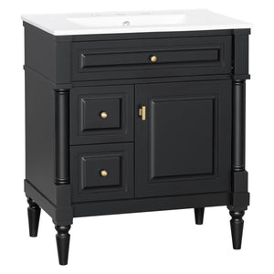 English Elm 30" Freestanding Bathroom Vanity Rubberwood Frame Ceramic Sink Flip Drawer Storage Black N725P356062B