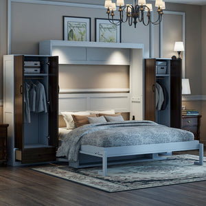 English Elm Queen Murphy Wall Bed with Fold Down Desk Dual Wardrobes and Drawers in White LP000925AAK-1