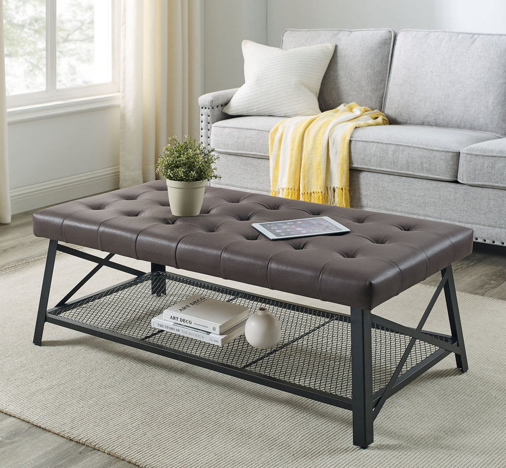 English Elm Tufted Faux Leather Button Top Coffee Table with Metal Legs for Modern Living Rooms B2748P493810