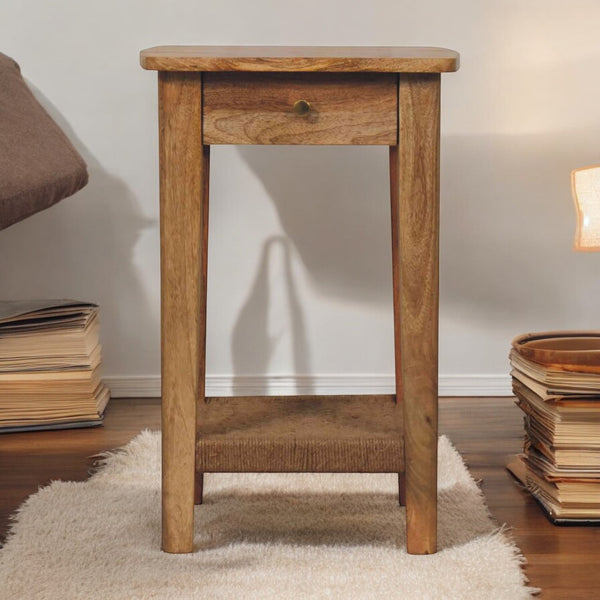 English Elm Solid Wood Bohemian End Table with Rope Shelf and Drawer for Living Room Decor B182P257642