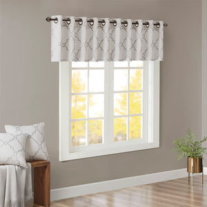JLA Home Madison Park - Fretwork Metallic Fretwork Print Valance with Grommet Top — Textured Cotton-Blend Light Filter Ivory/Grey MP41-2399
