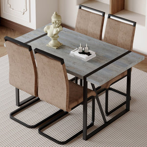 English Elm Table Set - Modern Minimalist Grey Marble Mdf Dining Table With 4 Brown Chairs And Black Legs W1151S02681-GIGA