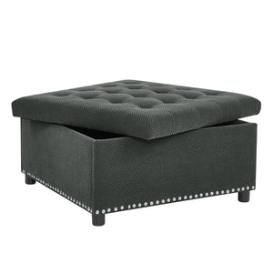 English Elm Storage Ottoman Tufted Nailhead Trim Lift Top Footstool for Living Room or Bedroom Dark Grey W5568P446991