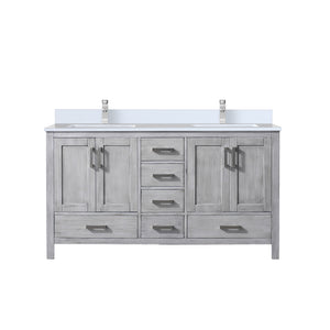 English Elm Distressed Grey Double Bath Vanity 60 in with White Quartz Countertop, Soft-Close Drawers, Faucet Set B2731P259084