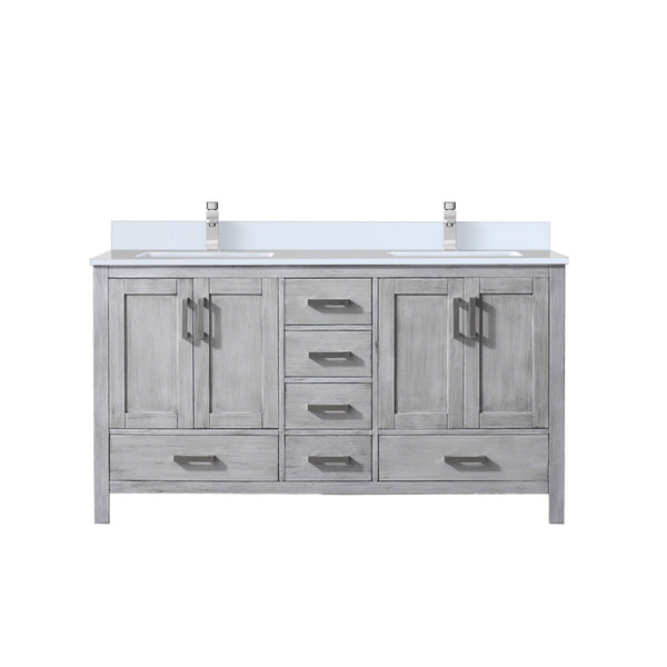 English Elm Distressed Grey Double Bath Vanity 60 in with White Quartz Countertop, Soft-Close Drawers, Faucet Set B2731P259084
