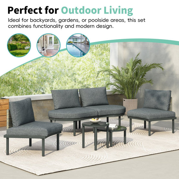English Elm TOPMAX 6-Piece Modular Patio Sofa Set with 2 High-Low Coffee Tables, PE Wicker, Tempered Glass, Cushioned Comfort and Versatile Outdoor Configuration Gray SP100028AAE
