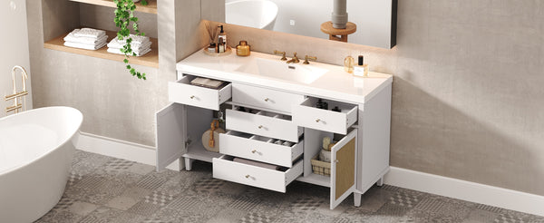 English Elm Christopher Knight Home® - 60" Modern Bathroom Vanity with Durable SMC Sink, Rattan Doors, Soft-Close Drawers, Pine Legs White N817P296130W