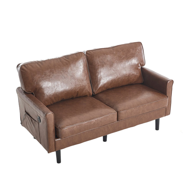 English Elm Loveseat Mid Century Modern Two-Seater Sofa with USB Type-C Charging, Removable Zipper Covers, Durable Wood Legs Brown PU W395P238821