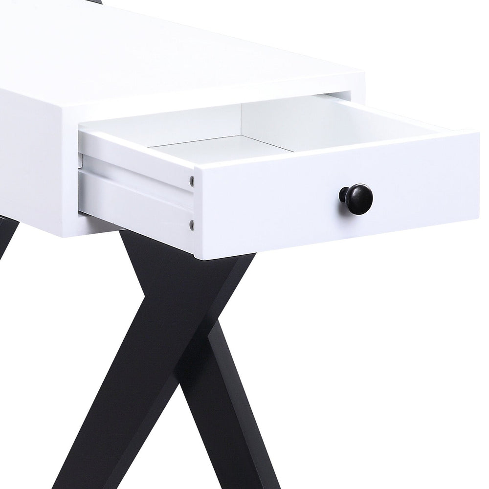 English Elm Fierce Modern White & Black Accent Table with Built-In USB, Pull-Out Drawer, Sleek X-Leg Design B2726P243282