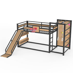 English Elm Twin Metal Loft Bed with Slide Basketball Hoop Climbing Wall and Built-in Shelves W1580S00631