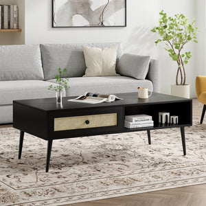 English Elm Mid-Century 47" Rectangle Console Coffee Table with Rattan Drawer & Open Shelf, Metal Legs, Black - Stylish Storage and Durable Design T3623P379996