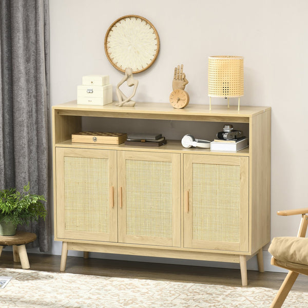 English Elm HOMCOM Boho Sideboard Buffet Cabinet with Rattan Doors, Adjustable Shelves, Anti-Tip Design, Natural W2225P173879