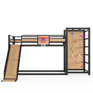 English Elm Twin Metal Loft Bed with Slide Basketball Hoop Climbing Wall and Built-in Shelves W1580S00631