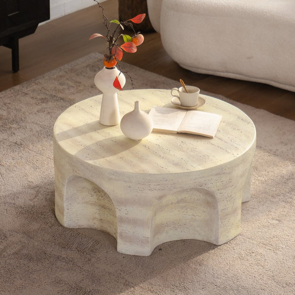 English Elm Mars Sculptural Round Accent Table Arched Cutout Base Minimalist Beige Living Room W3081P440608
