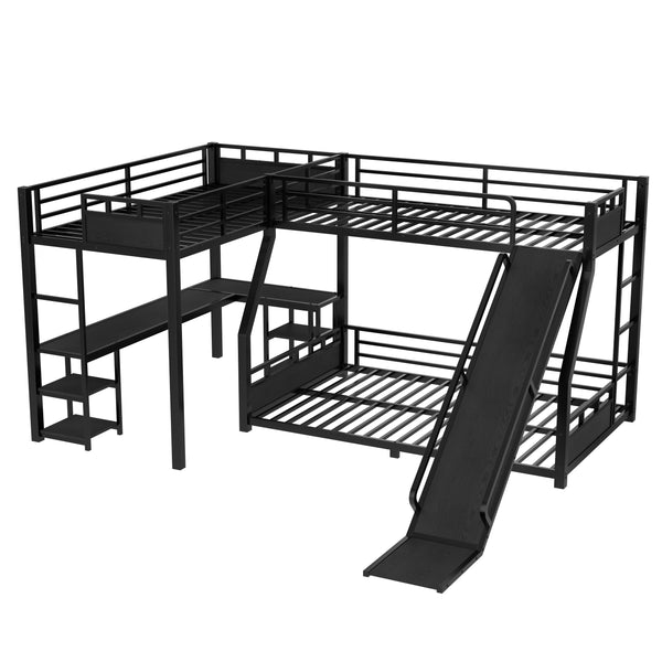 English Elm L-Shaped Metal Bunk Bed With Slide, Twin Loft, Desk & Storage Shelves - Space-Saving Design In Black! W1580S00278