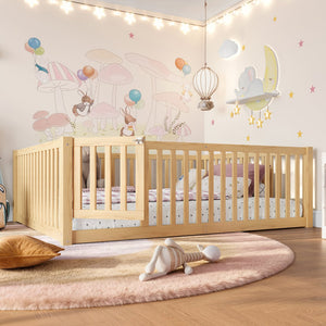 English Elm Twin Floor Bed Pine Wood Frame with Guardrails and Door for Safe Toddler Sleep Natural W1580P417671
