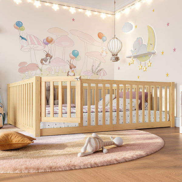 English Elm Twin Floor Bed Pine Wood Frame with Guardrails and Door for Safe Toddler Sleep Natural W1580P417671