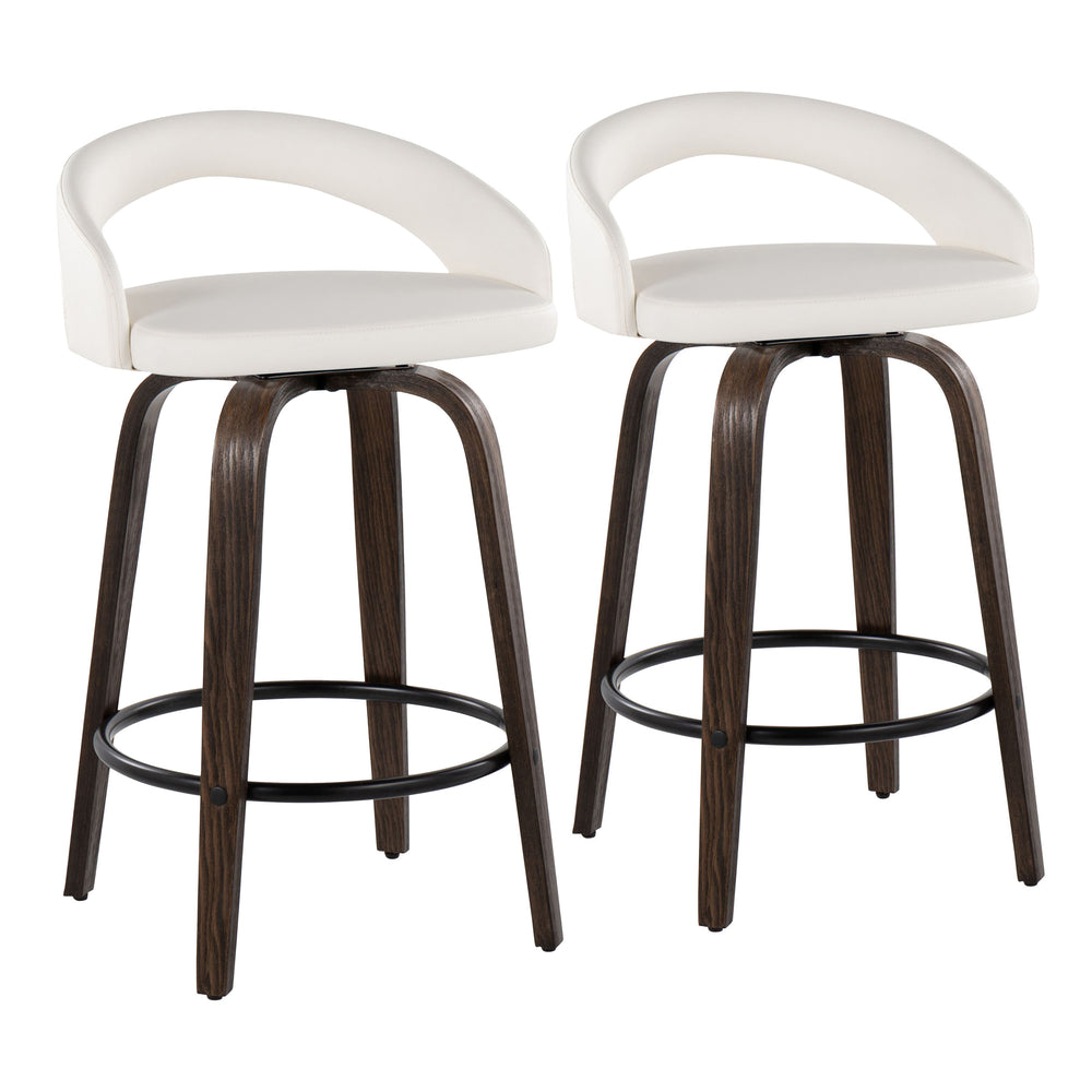 English Elm Fixed-height Swivel Counterstools Walnut Wood Frame White Faux Leather Seat Set of 2 B202S01830