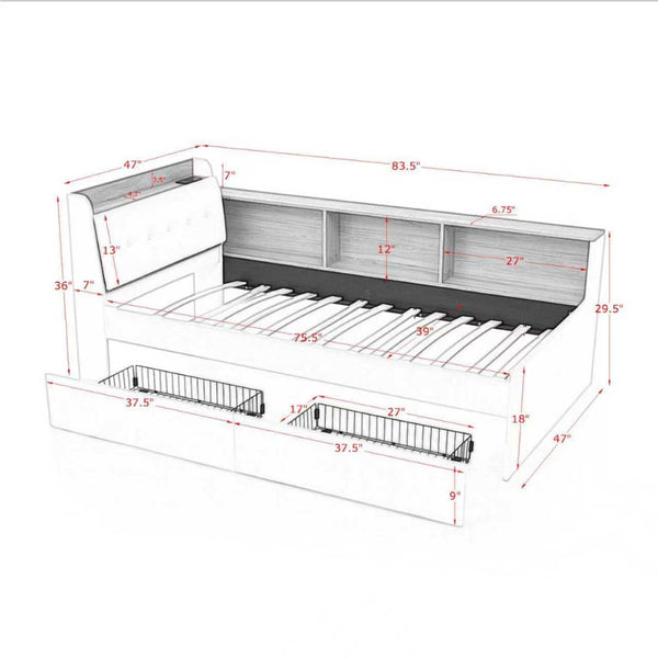 English Elm Twin Size Velvet Day Bed With Storage Drawers, Wireless Charging & Led Lights - Elegant & Functional W1413S00109-GIGA