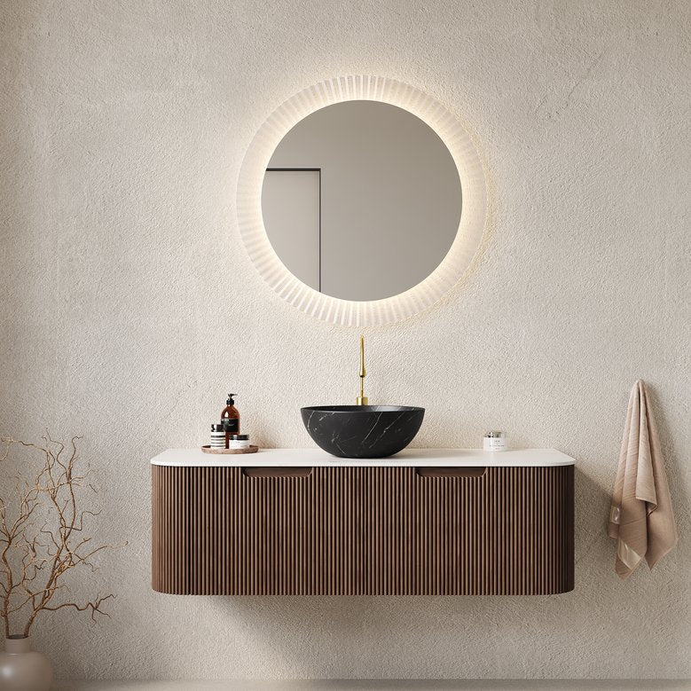 English Elm Dina Floating Bathroom Vanity with Crystal Glass Basin and Sintered Stone Top Black,Carrara White,Dark Walnut W2615S00279