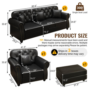 English Elm Upholstered Faux Leather Chesterfield Sofa Mid-century Tufted Nailhead Trim 3 Seater Black W1885S00434