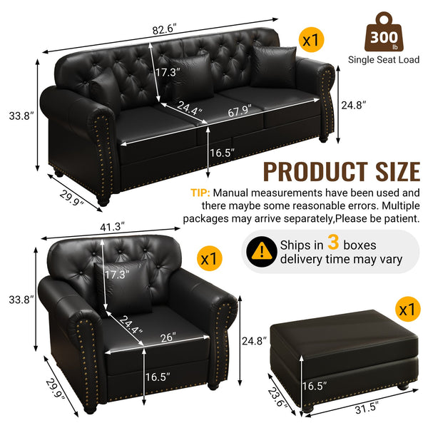 English Elm Upholstered Faux Leather Chesterfield Sofa Mid-century Tufted Nailhead Trim 3 Seater Black W1885S00434