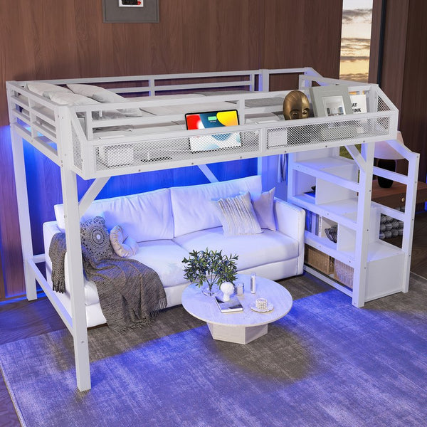 English Elm Full Xl Over Twin Triple Metal Bunk Bed with Storage Stairs and Shelves Black White W1580S00408