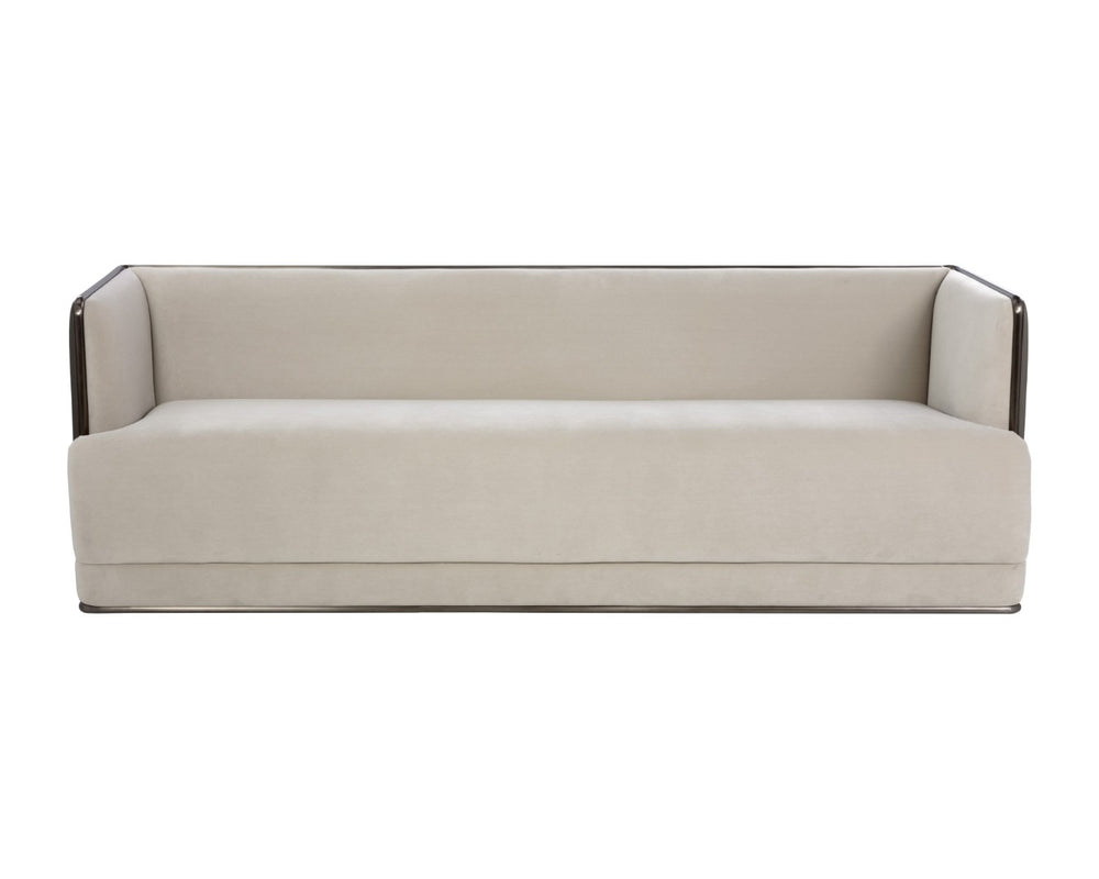 Sunpan SIERRA Sofa - Contemporary Meg Taupe & Textured Porcini Faux Leather with Bronze Frame Elegance 108050