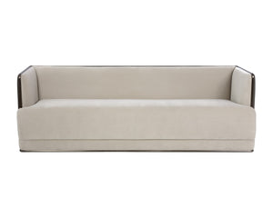 Sunpan SIERRA Sofa - Contemporary Meg Taupe & Textured Porcini Faux Leather with Bronze Frame Elegance 108050
