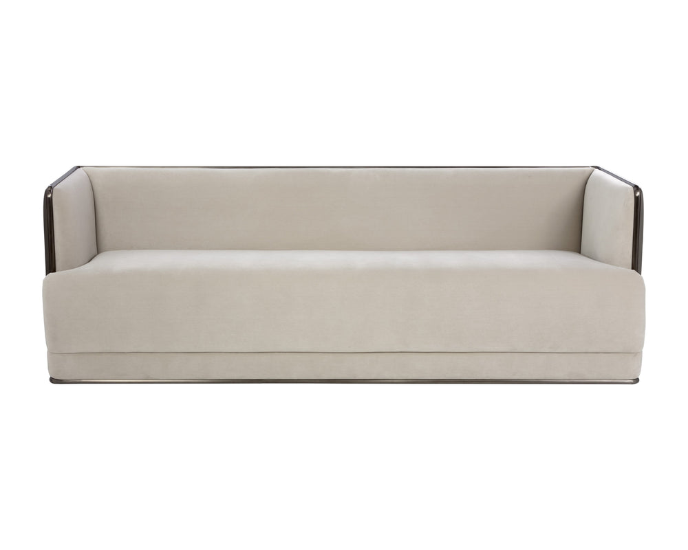 Sunpan Sierra Sofa: Modern Meg Taupe & Textured Porcini Faux Leather Design with Antique Bronze Frame