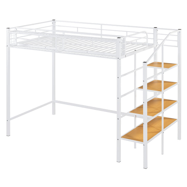 English Elm Twin Metal Loft Bed with Upper Grid Storage Shelf and 4-Layer Ladder Shelves for Space Saving White SF100081AAK