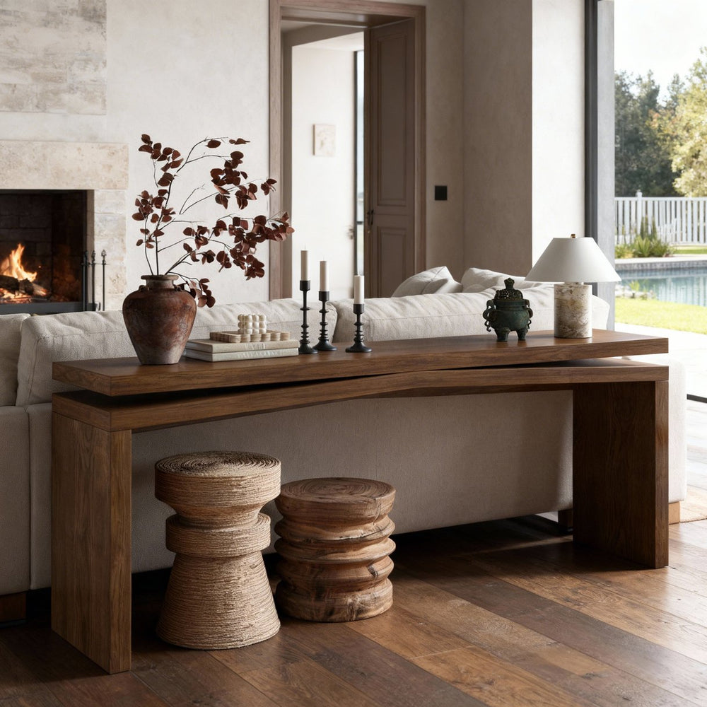 English Elm 65-inch Rustic Wood Veneer Console Table Farmhouse Sled Base Entryway Sofa Hall Deep Rustic Brown W1445P411140