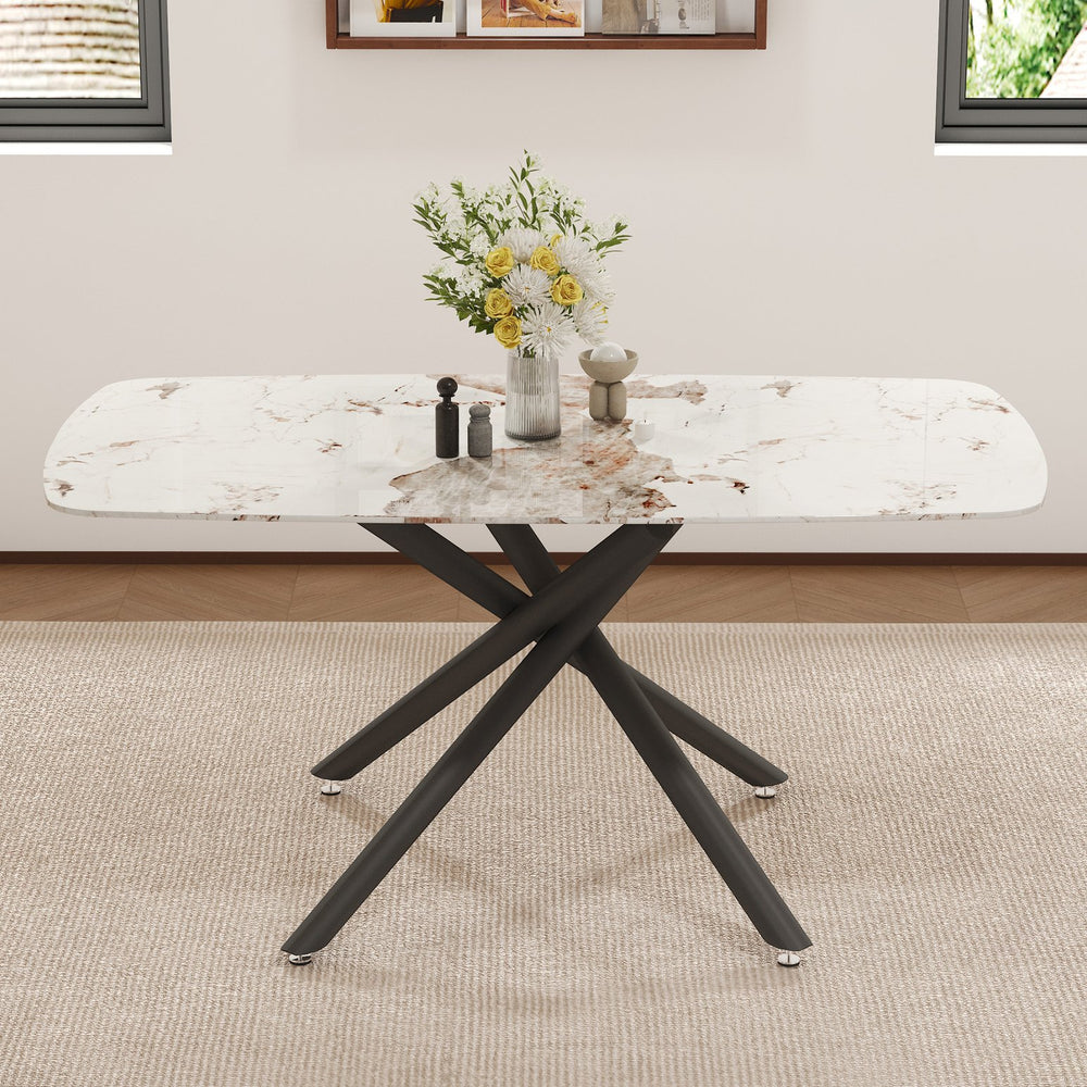 English Elm Large Tempered Glass Rectangular Dining Table Seats Six with Matte Black Metal Frame W1151S04539
