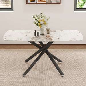 English Elm Large Tempered Glass Rectangular Dining Table Seats Six with Matte Black Metal Frame W1151S04539