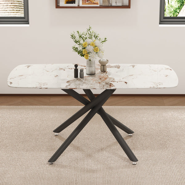 English Elm Large Tempered Glass Rectangular Dining Table Seats Six with Matte Black Metal Frame W1151S04539