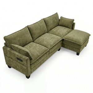 English Elm Modern Chenille Three Seat Sofa with Ottoman Usb Charging Ports and Storage Pockets Green W2519S00005