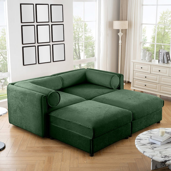 English Elm Stylish Green Chenille 2-Seater Sofa With Ottoman Storage, Ergonomic Support & Modern Elegance W714S01059-GIGA