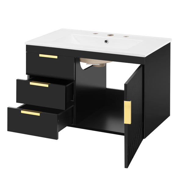 English Elm 30" Bathroom Vanity with Sink — Wall-Mounted Ceramic Basin, Soft-Close Storage, Floating Modern Design Black N710S324096B