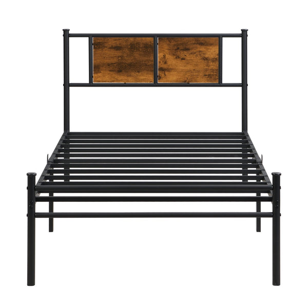 English Elm Twin XL Metal Bedframe with Wood Panel Headboard, Black-Brown, Sturdy 10.8" Storage, Quiet Design W2297P291428