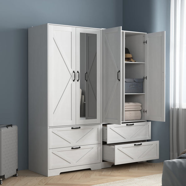 English Elm 2 Door White Wardrobe Closet with Mirror Hanging Rod Drawers and Auto Interior Light W409P167477