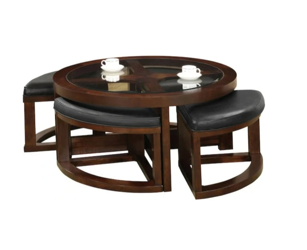 English Elm Dark Walnut Modern Coffee Table Set with 4 Wedge Ottomans, 5mm Beveled Glass Top, 40" Dia x19"H B011P246328