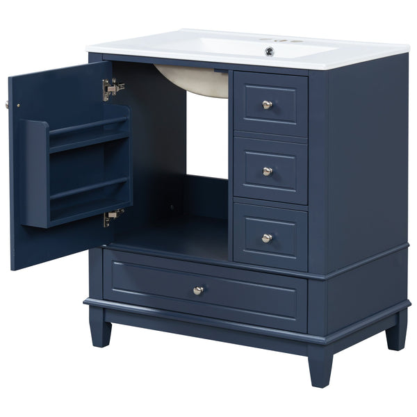 English Elm Christopher Knight Home® - 30" Freestanding Bathroom Vanity with Ceramic Sink, Soft-Close Door, Gold Knobs & 3 Drawers, Durable Painted Finish Blue N759P225994C