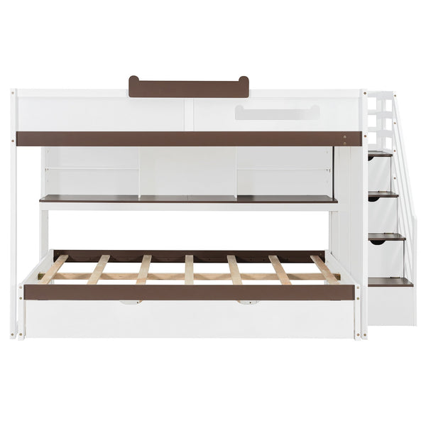 English Elm House-shaped Pine Bunk Bed with Built-in Slide Storage Staircase Twin Over Full Kids Frame White N820S00067K